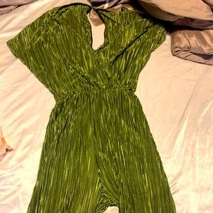 Green satin, rouged and loose pant one-piece- hallowed back